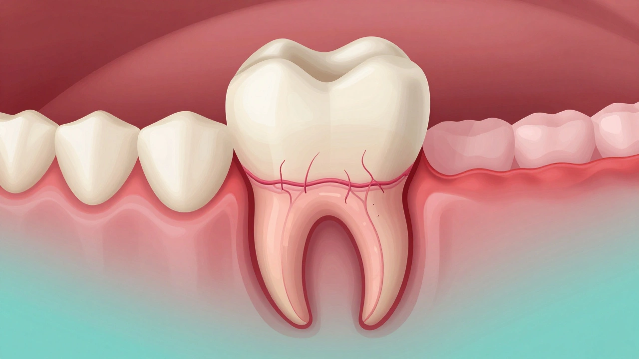Vizualizace hojení dásní po kyretáži: regenerace tkáně kolem kořene zubu.