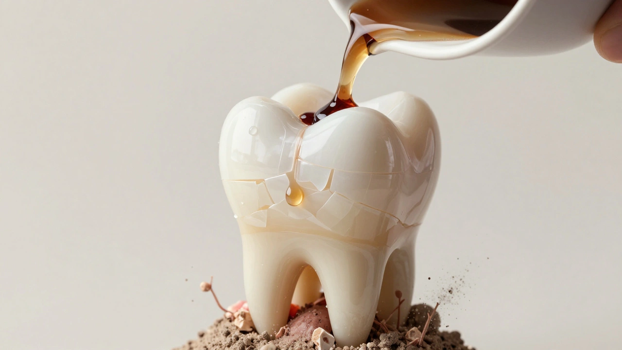 Zub se rozpadá pod vlivem kyselin z kávy, zatímco fluorid pomalu obnovuje sklovinu.