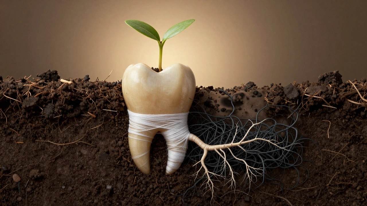 Zubní kořen s uzdravenými dásněmi jako růstek z půdy, zatímco destrukce se rozpadá ve světle.