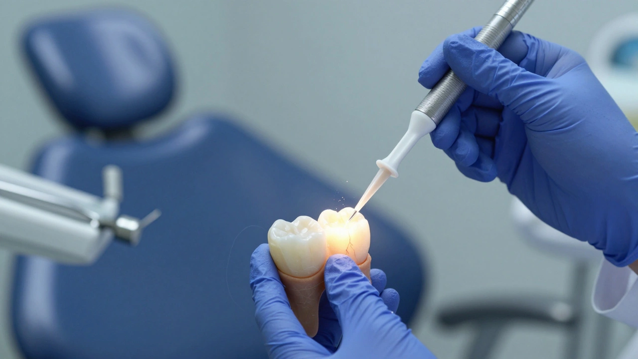 Zubní lékař aplikuje hydroxyapatitový nátěr na viklavý zub.