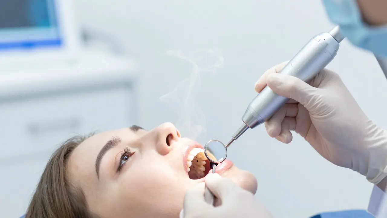 Zubní lékař odstraňuje černý zubní kámen ultrazvukovým skrabákem.