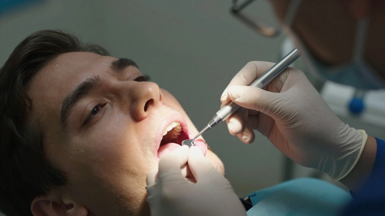 Zubní lékař provádí kyretáž pod lokální anestézií s přesným nástrojem u zubního kořene.