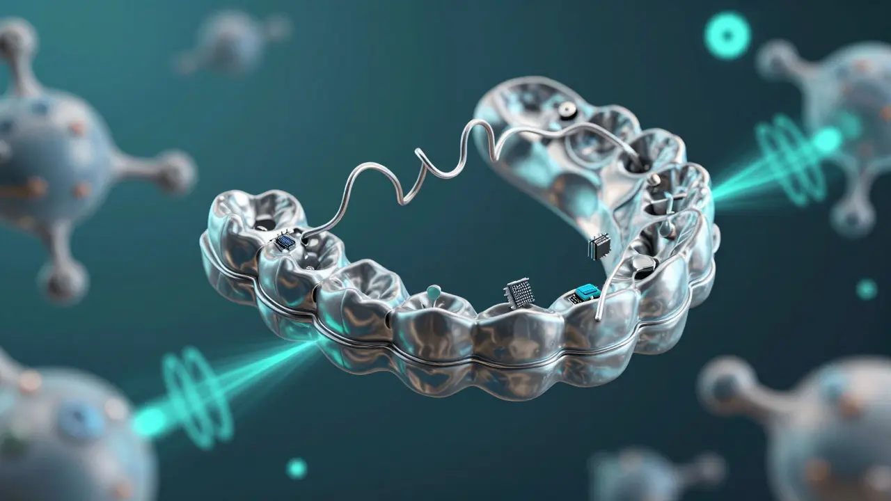 3D tisknutý ortodontický aparát s integrovanými senzory a paměťovou slitinou.