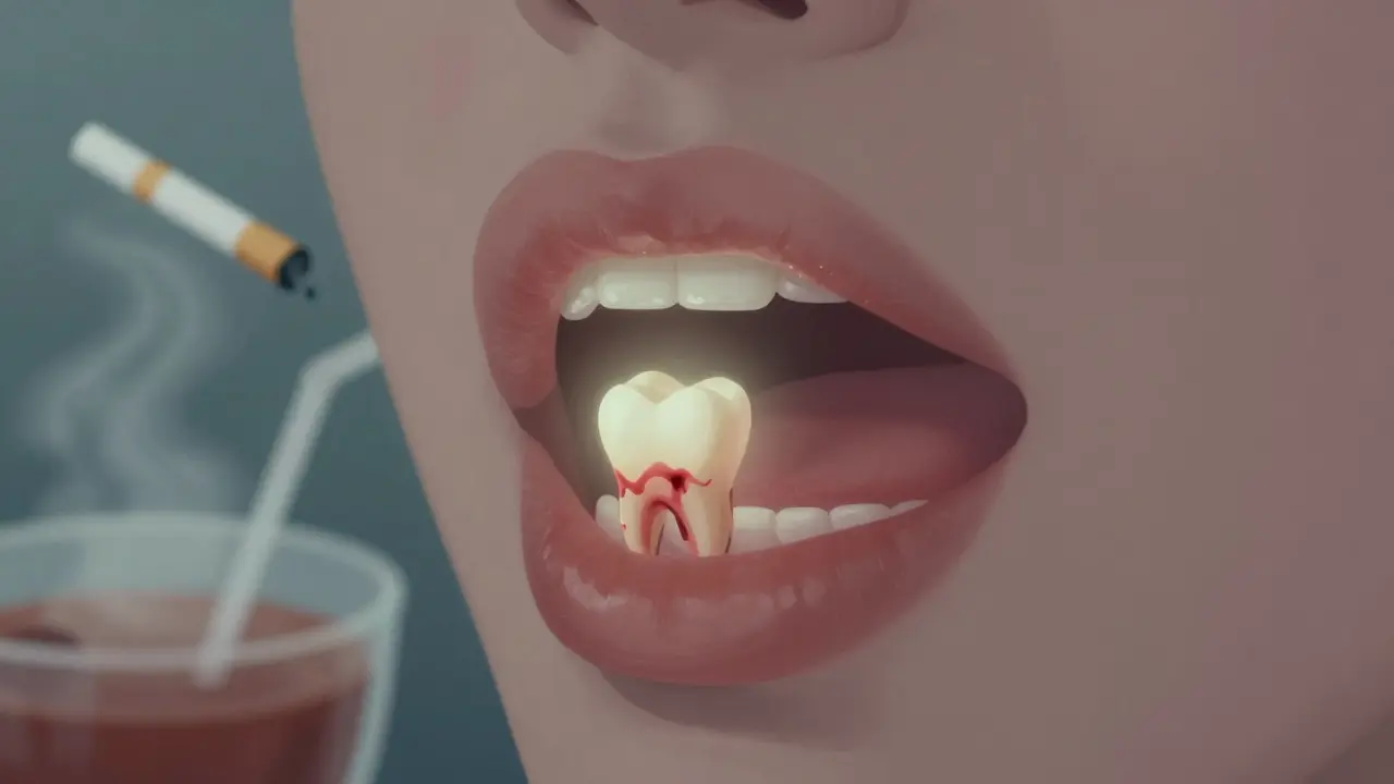 Blízký pohled na krevní sraženinu v dásni s vybledlými symboly nebezpečných činností.