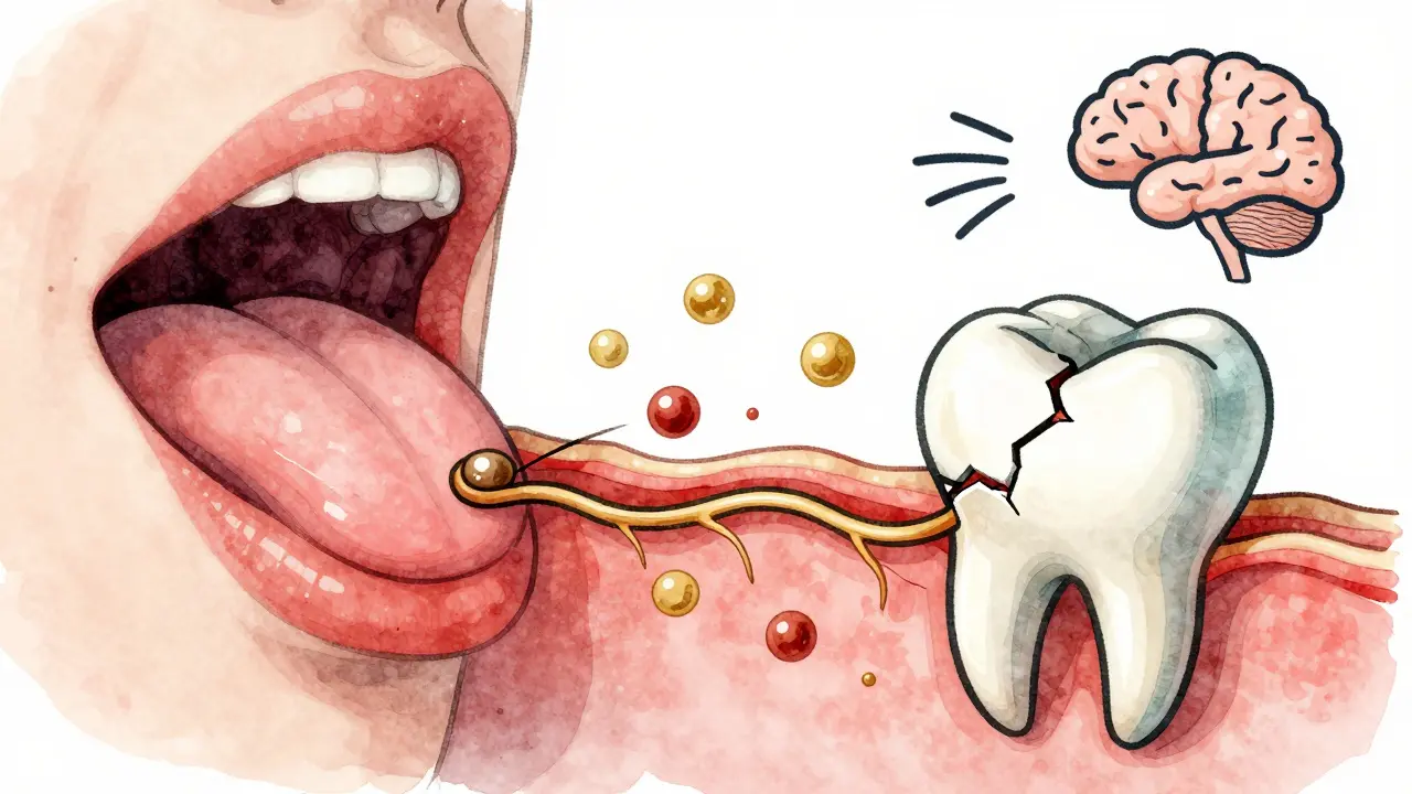 Chuťový pohárek a zubní nerv spojené chemickými signály přes prasklinu