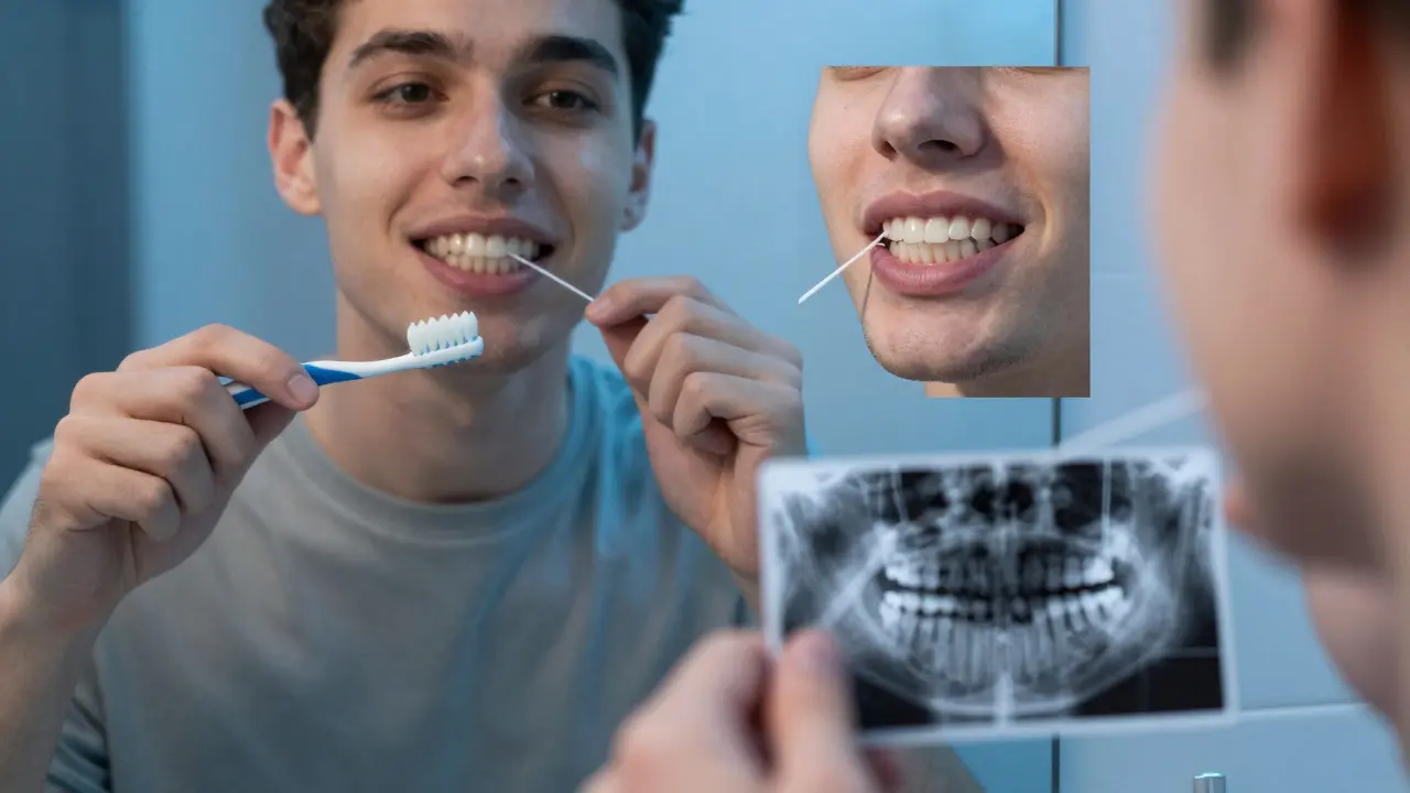 Člověk čistí zuby, zrcadlo odhaluje různé metody čištění a rentgenový obraz skryté třetí stoličky.