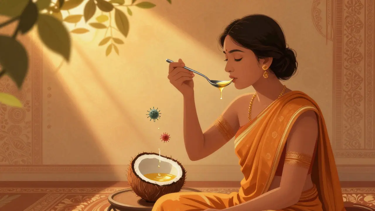 Člověk provádí olejové tahání s kokosovým olejem v klidném ranním prostředí.