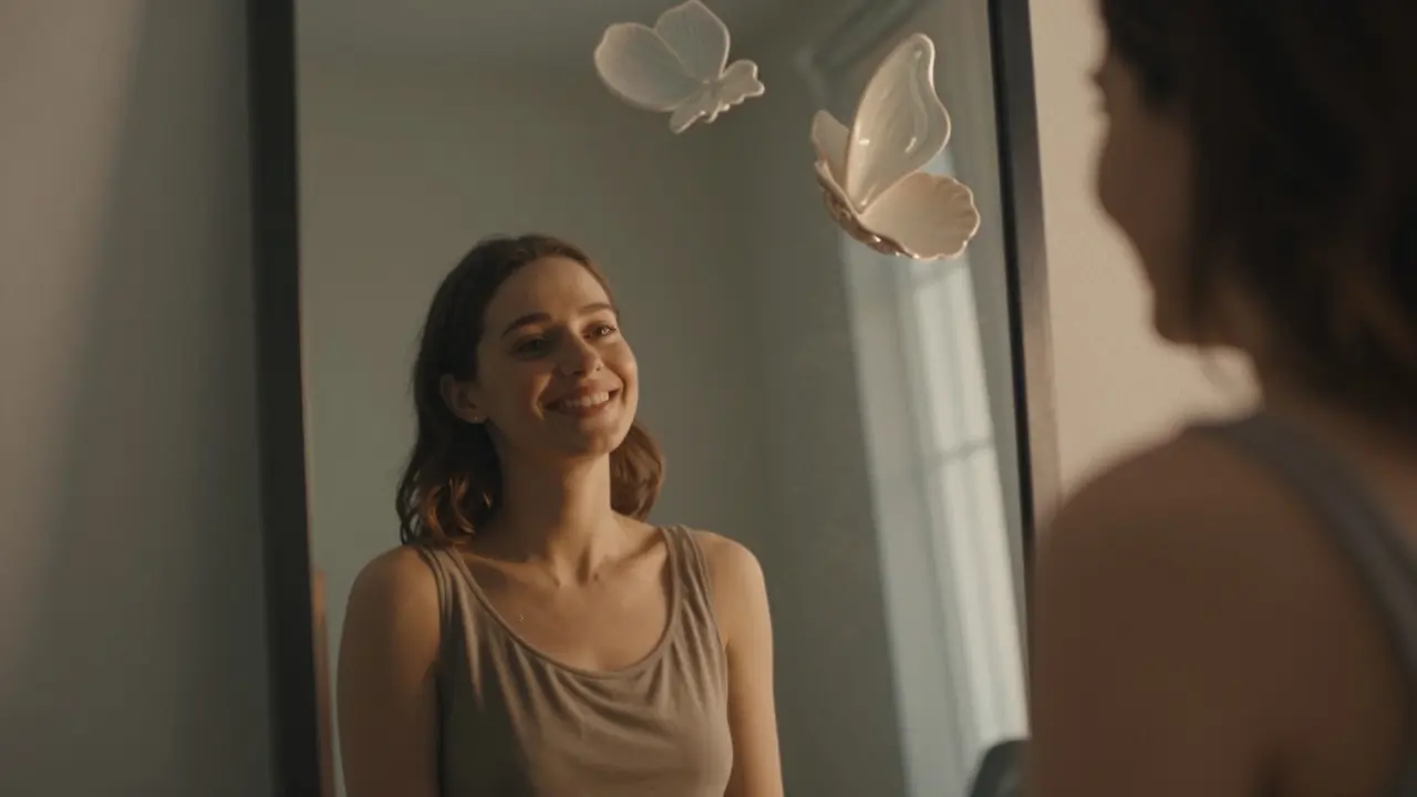 Člověk se dívá do zrcadla, kde jeho úsměv je doprovázen lehce plujícími keramickými obrysy jako symbol změny.