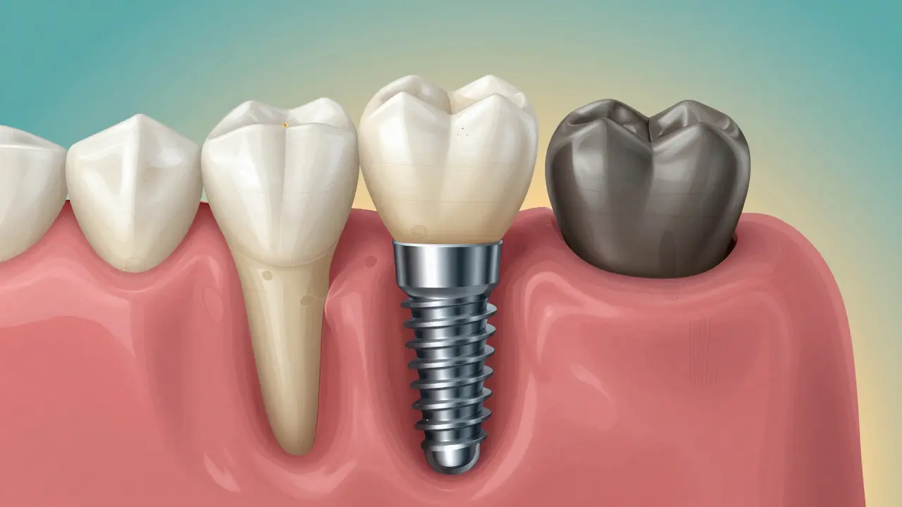 Cross-section of a high-quality dental implant with zirconia crown next to a failing low-quality one.