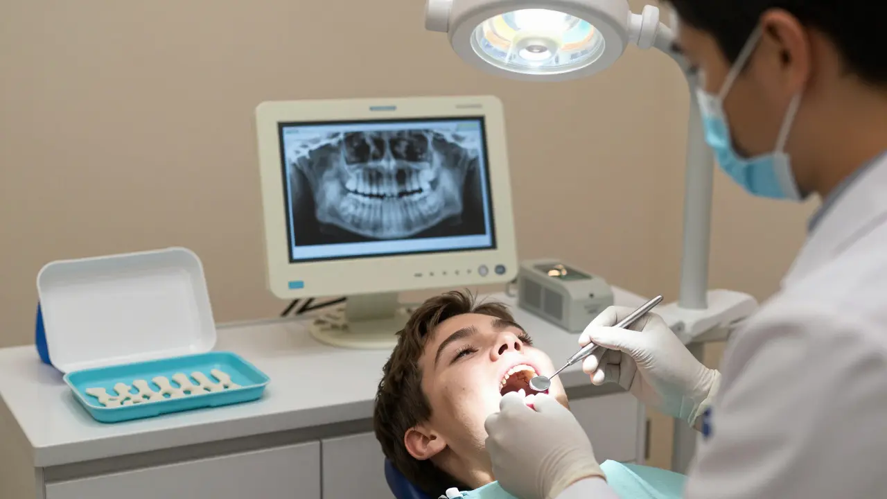 Dentista prohledává zuby pacienta s rentgenovým obrázkem na obrazovce.