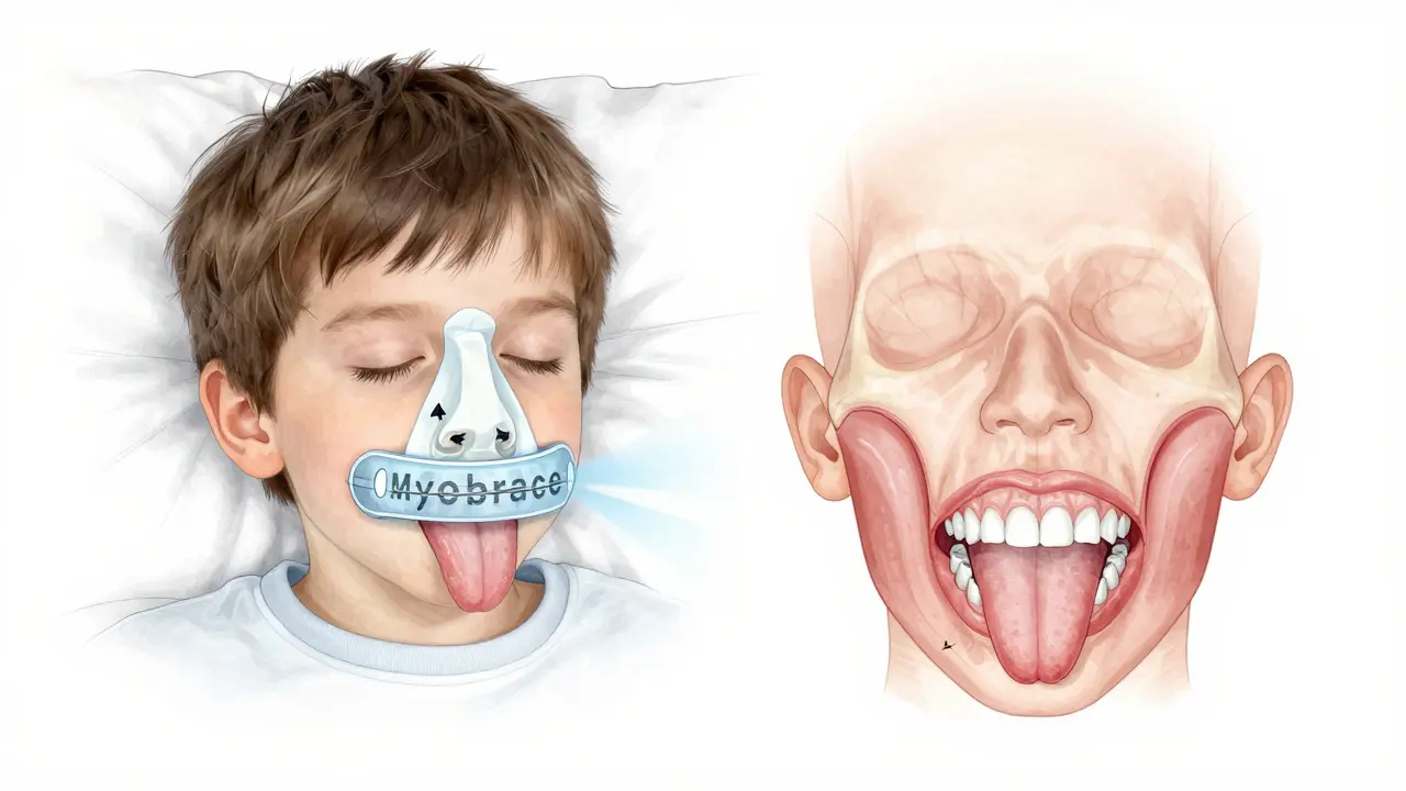 Dítě nosí Myobrace během spánku, s ukázkou správného dýchání a polohy jazyka.