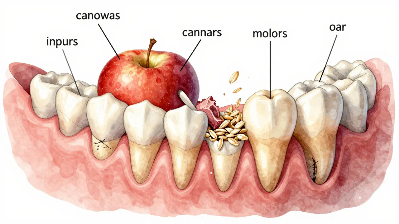 Ilustrace čelisti s jednotlivými typy zubů, jak provádějí své funkce při jídlě.