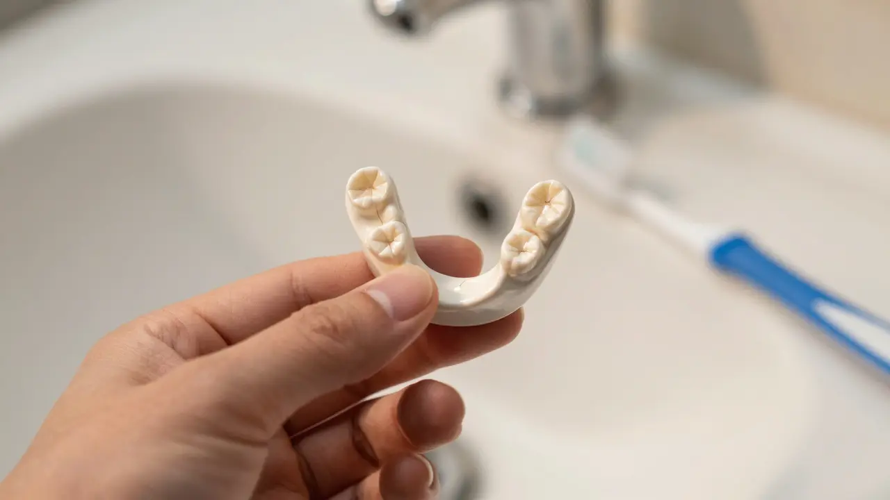 Keramická korunka s jemnými trhlinami a nočním štítem na pozadí.