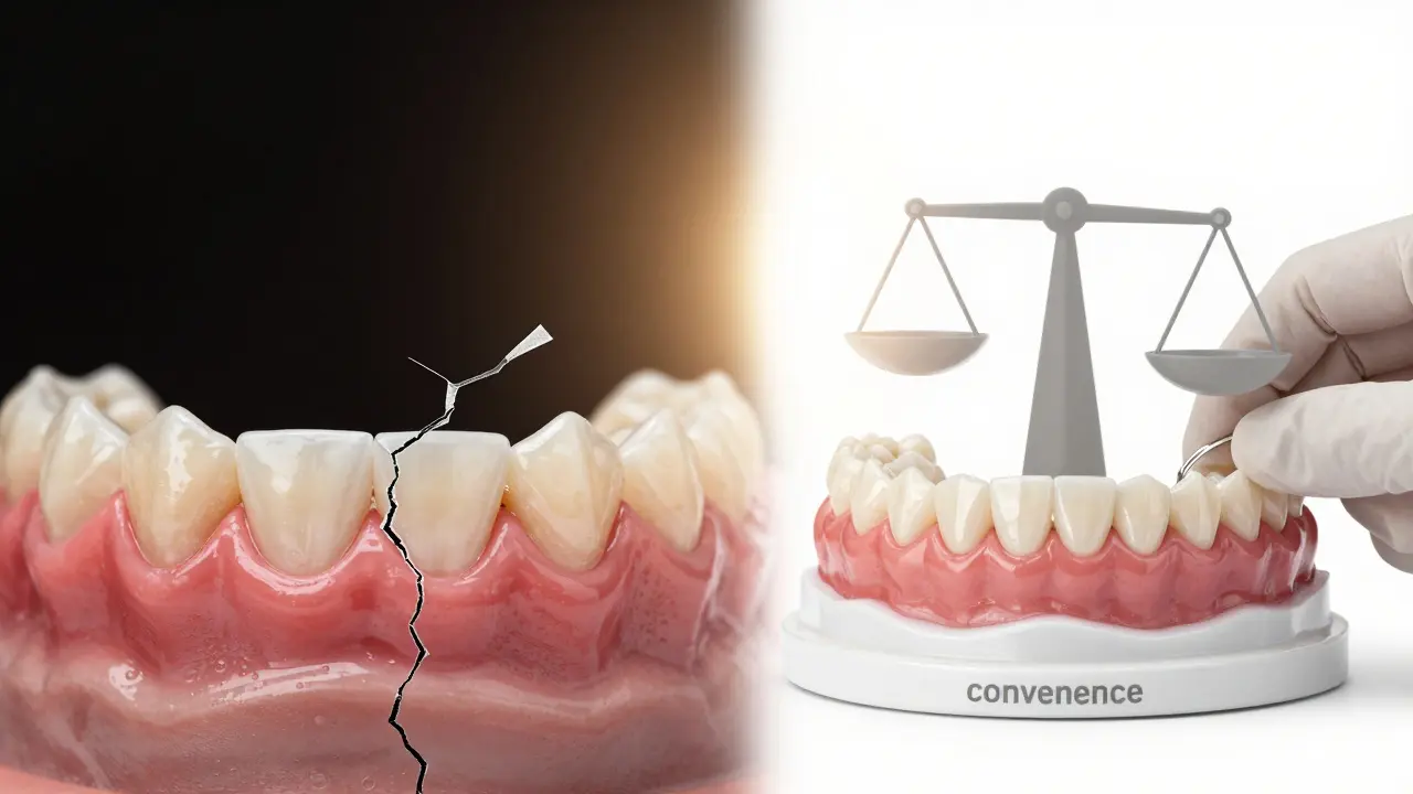 Konceptuální obrázek: poškozené zuby vlevo, zdravé zuby vpravo.