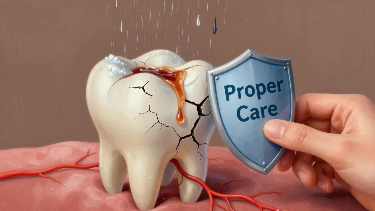 Konceptuální obrázek zubu jako domu s odhalenými nervy a ochranným štítem