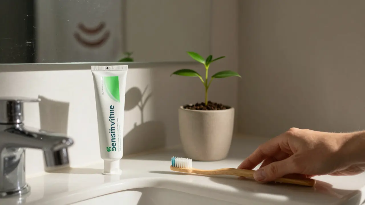 Měkký kartáček a pasta pro citlivé zuby na koupelnové police.