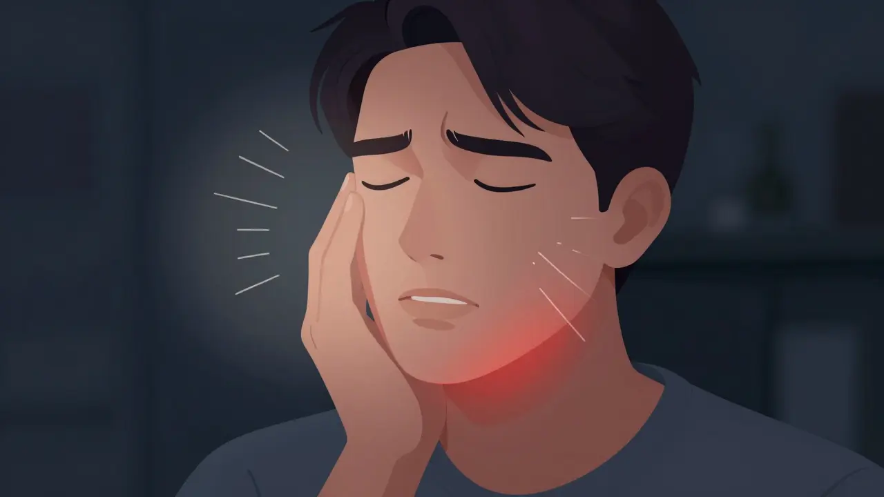 Muž drží tvář v bolesti, bolest se šíří do ucha a spánku, znázorněno červenými paprsky.