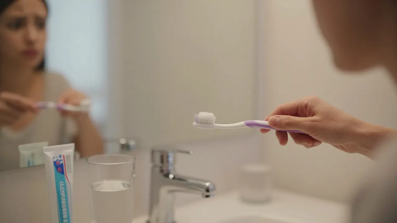 Osoba čistící zuby jemným kartáčkem s odrazem obličeje ve zrcadle