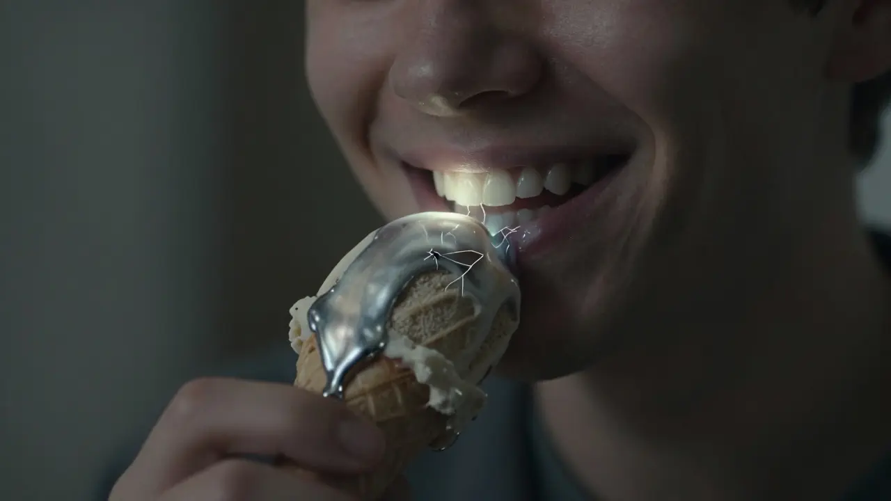 Osoba jedící zmrzlinu, která se při kontaktu s prasklým zubem mění v kovovou tekutinu