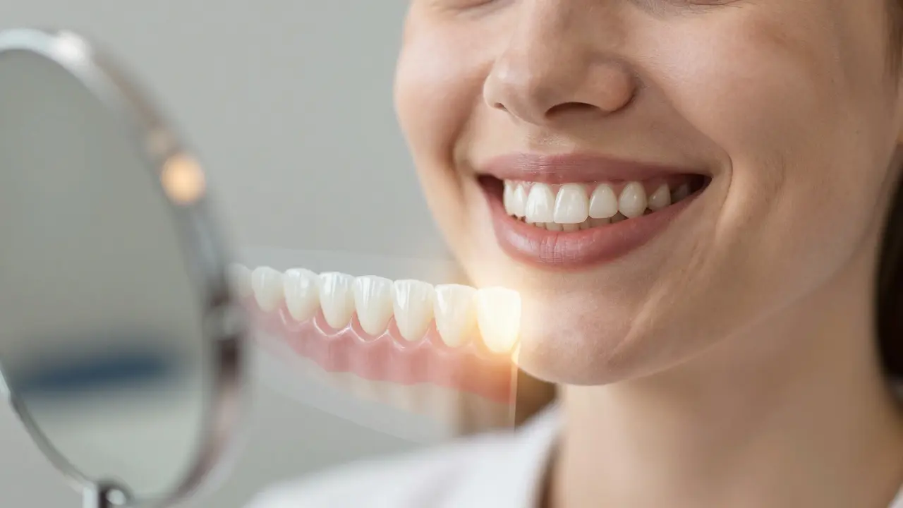 Osoba se usmívá do zrcadla s novými fazetami, které zlepšují její úsměv.