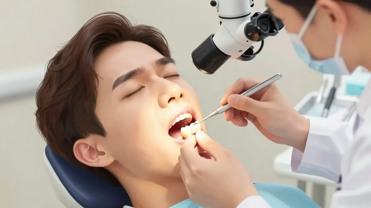 Pacient při testu žvýkáním s dentistou používajícím mikroskop pro diagnostiku praskliny.