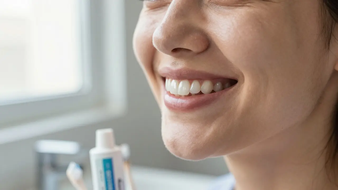 Pacient se dívá do zrcadla s dočasnými fazetami a usmívá se.