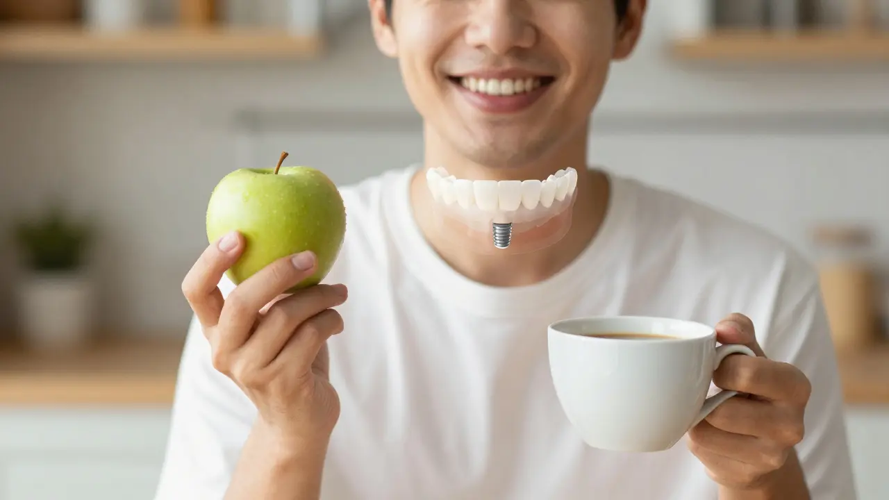 Person smiling while eating an apple and drinking coffee, symbolizing freedom after dental implant treatment.