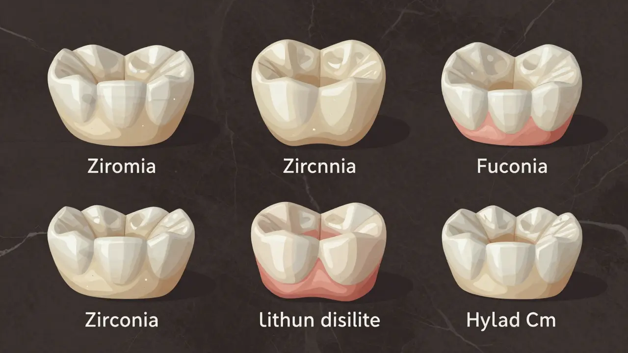 Pět typů keramických korunek s různými materiály viditelnými v detailu.