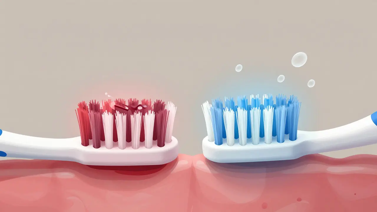 Porovnání dvou zubních kartáčků: tvrdý poškozuje dásně, měkký jemně odstraňuje plak.