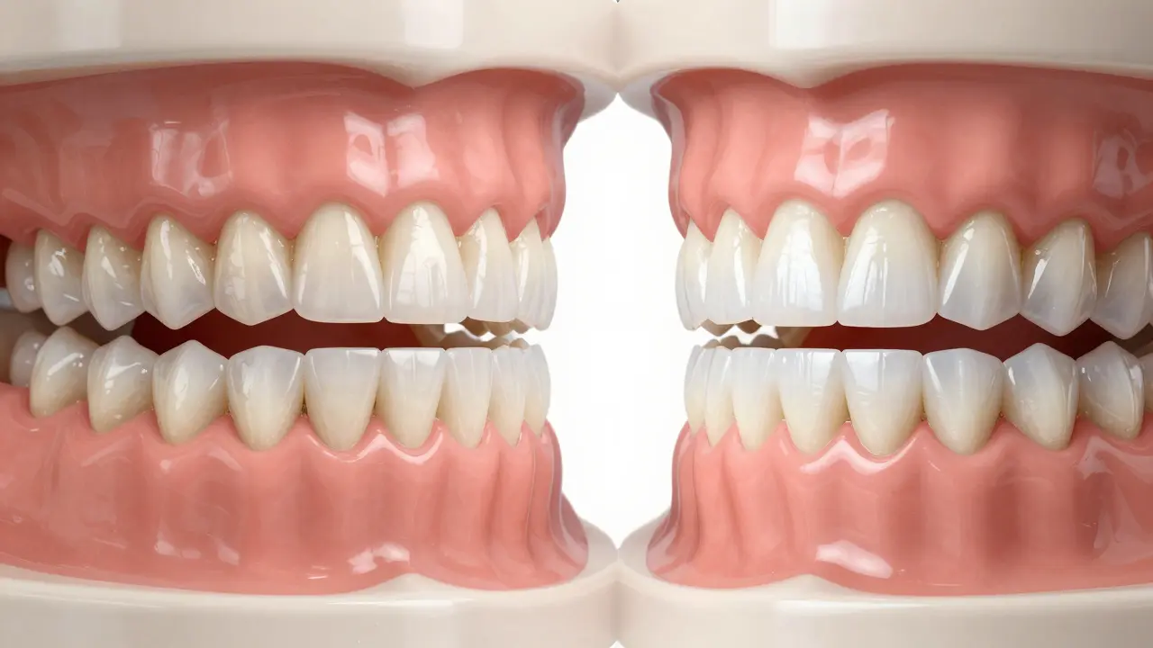 Porovnání přirozených zubů a zubů s keramickými fazetami v přirozeném světle.