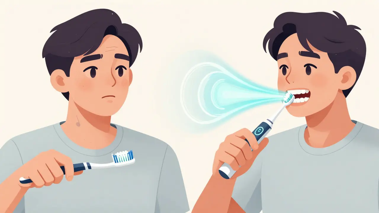 Porovnání ručního a sonického kartáčku s viditelnými vlnami čištění mezi zuby.
