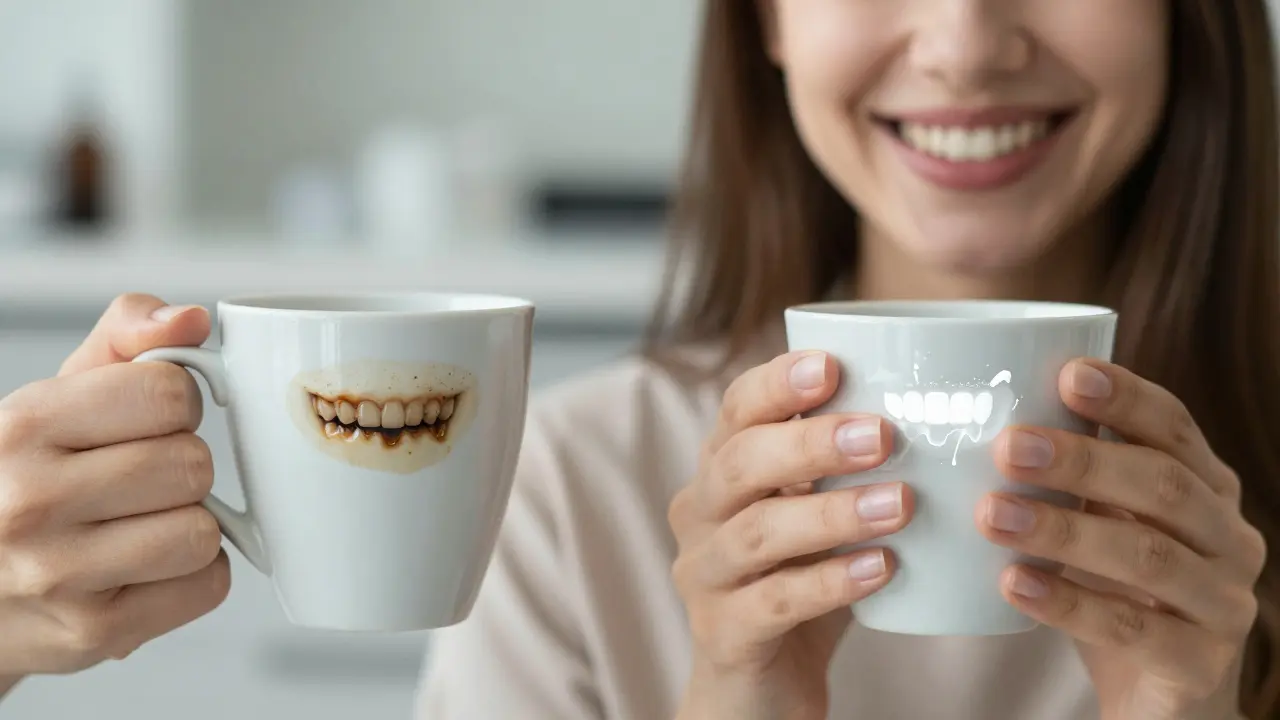 Porovnání tmavě ztmavených a bělých zubů při pohledu na kávu.