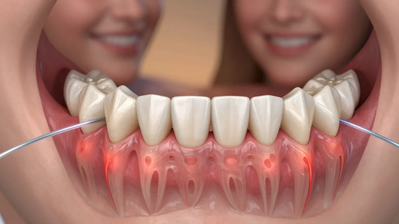 Příčný řez čelistí ukazující pohyb zubů a přestavbu kosti.