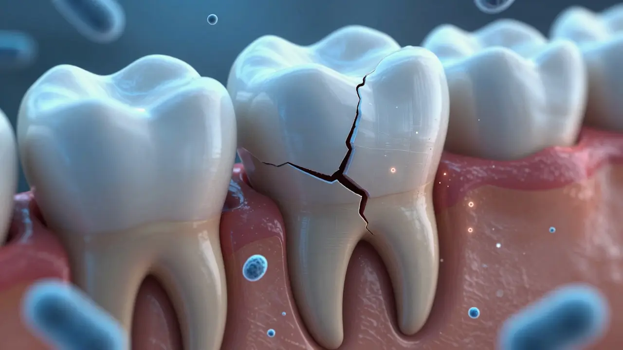 Příčný řez zubem s prasklinou rozšiřující se směrem k zubnímu nervu a bakteriím.