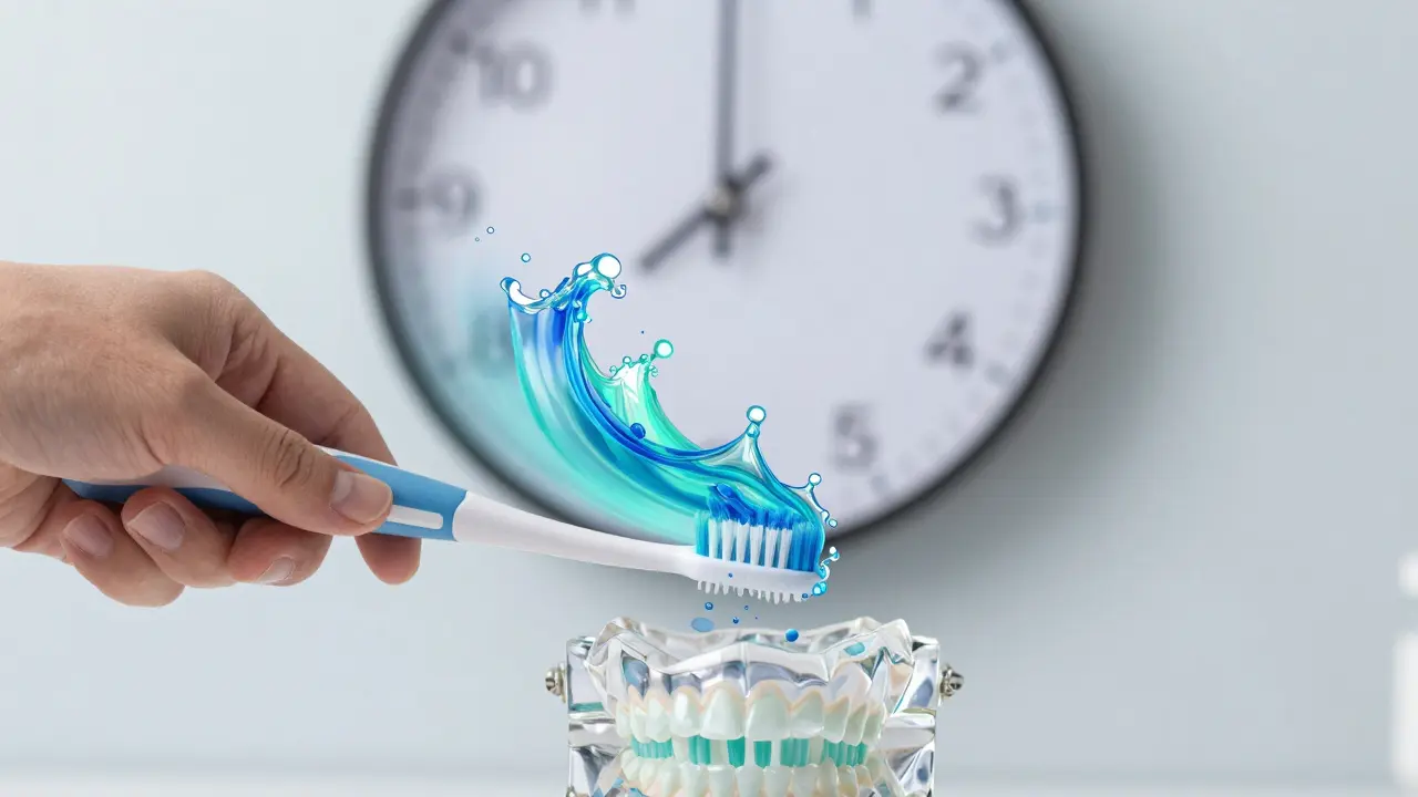 Průhledný model úst s vlnami čištění od sonického kartáčku a časovačem v pozadí.
