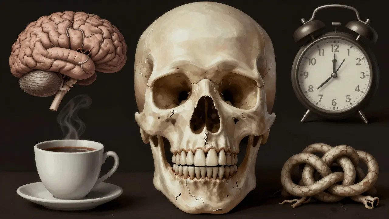 Průřez lebky s poškozenými zuby a symboly stresu, v temných, realistických tónech.