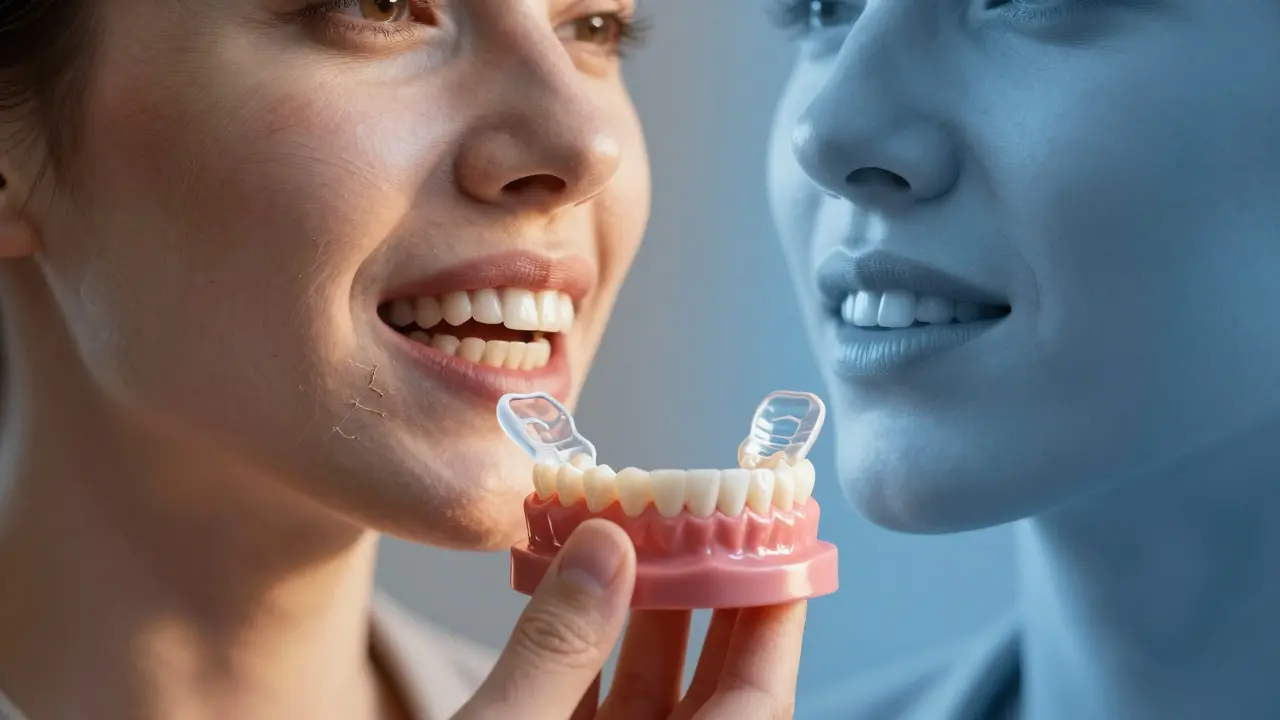 Ruka klade ochrannou destičku na zuby, pozadí ukazuje kontrast poškození a zdraví.