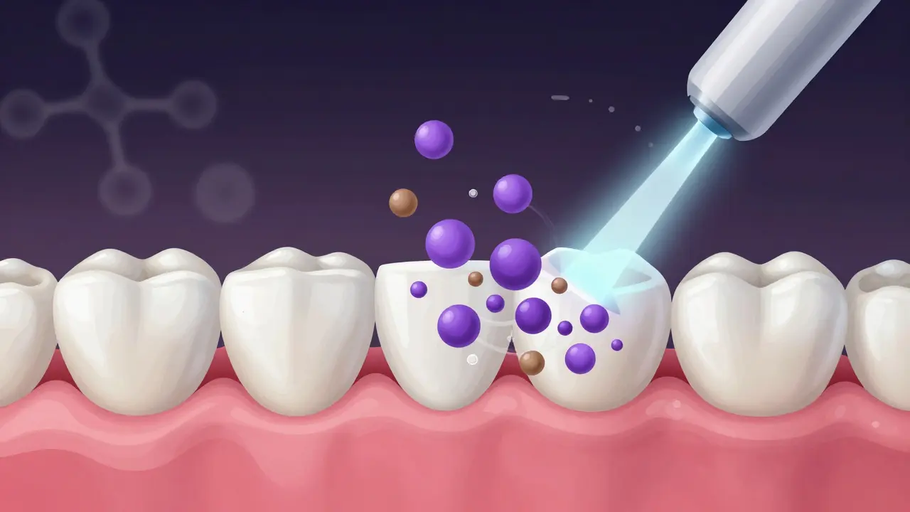 Vnitřní struktura zubu s rozkladem pigmentů při bělení peroxidem.