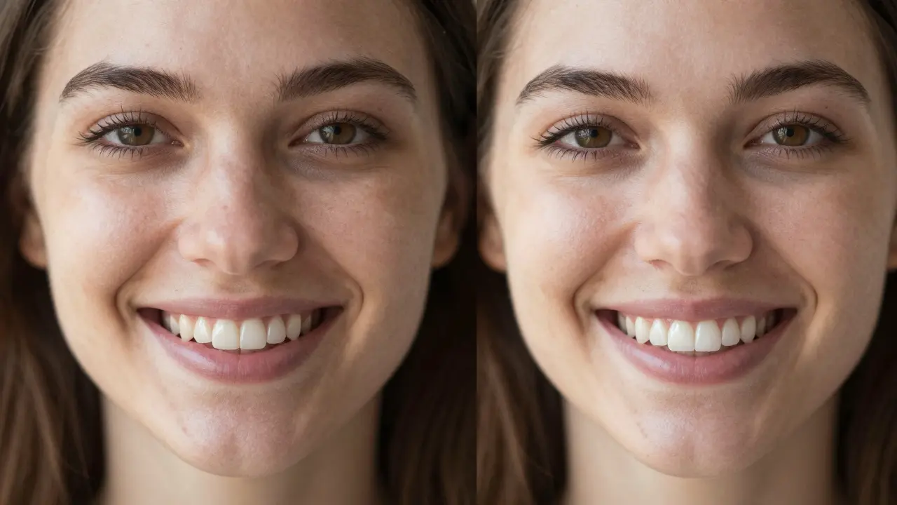 Woman smiling with before-and-after view of natural teeth versus ceramic veneers.