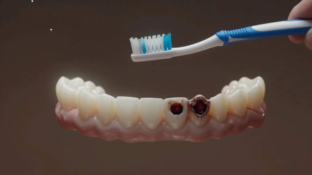 Zdravé a zkažené zuby v dětském ústě, kartáček nad nimi jako ochránce.