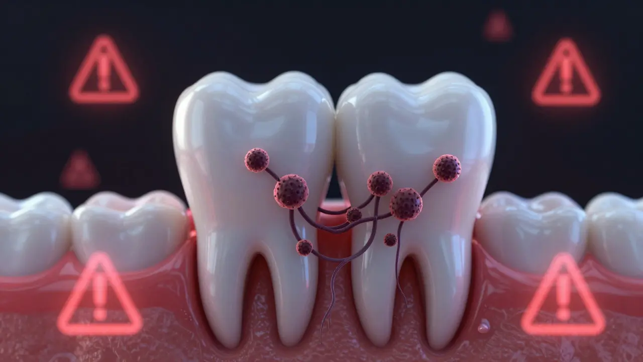 Zub moudrosti zakrytý dásní, bakterie se šíří do kosti, symbolické znaky infekce.