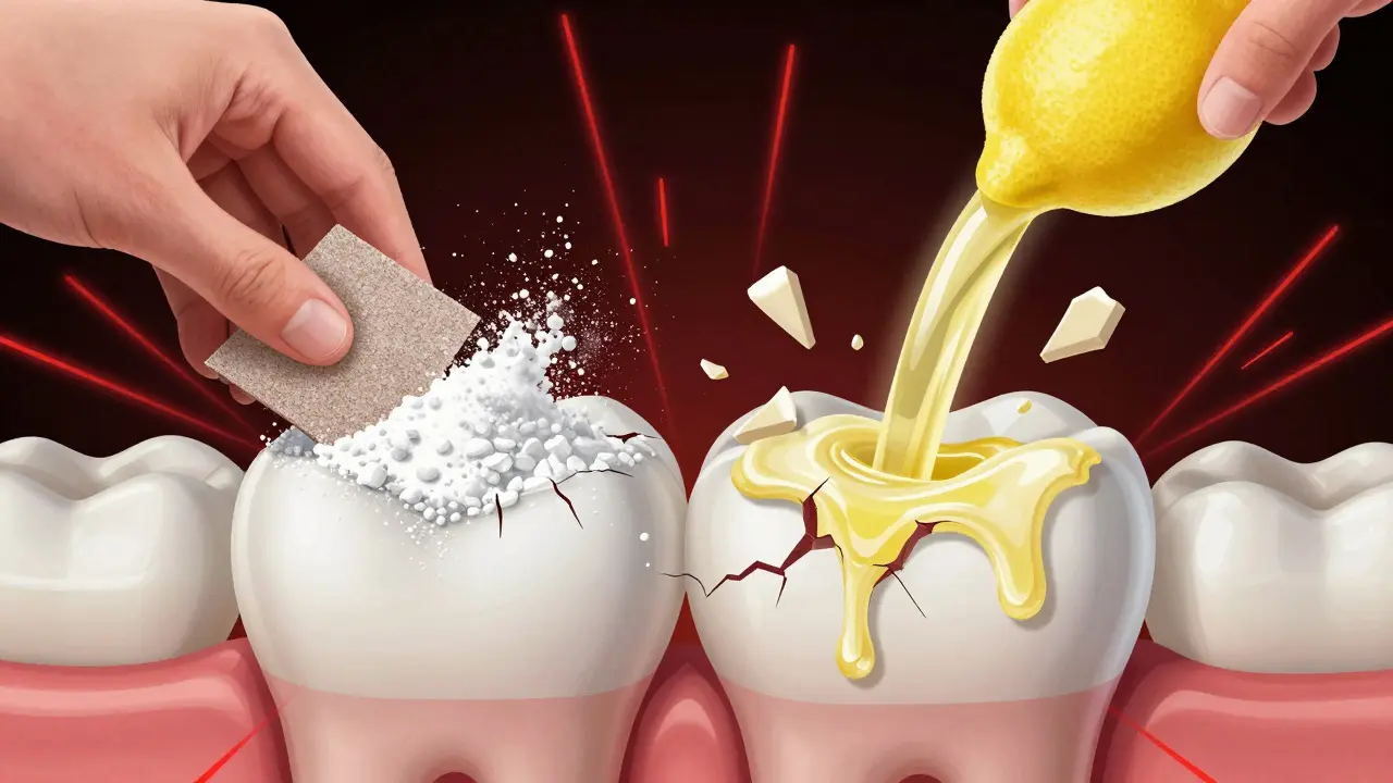 Zub pod útokem abrazivní sody a citronové kyseliny s poškozenou sklovinou.