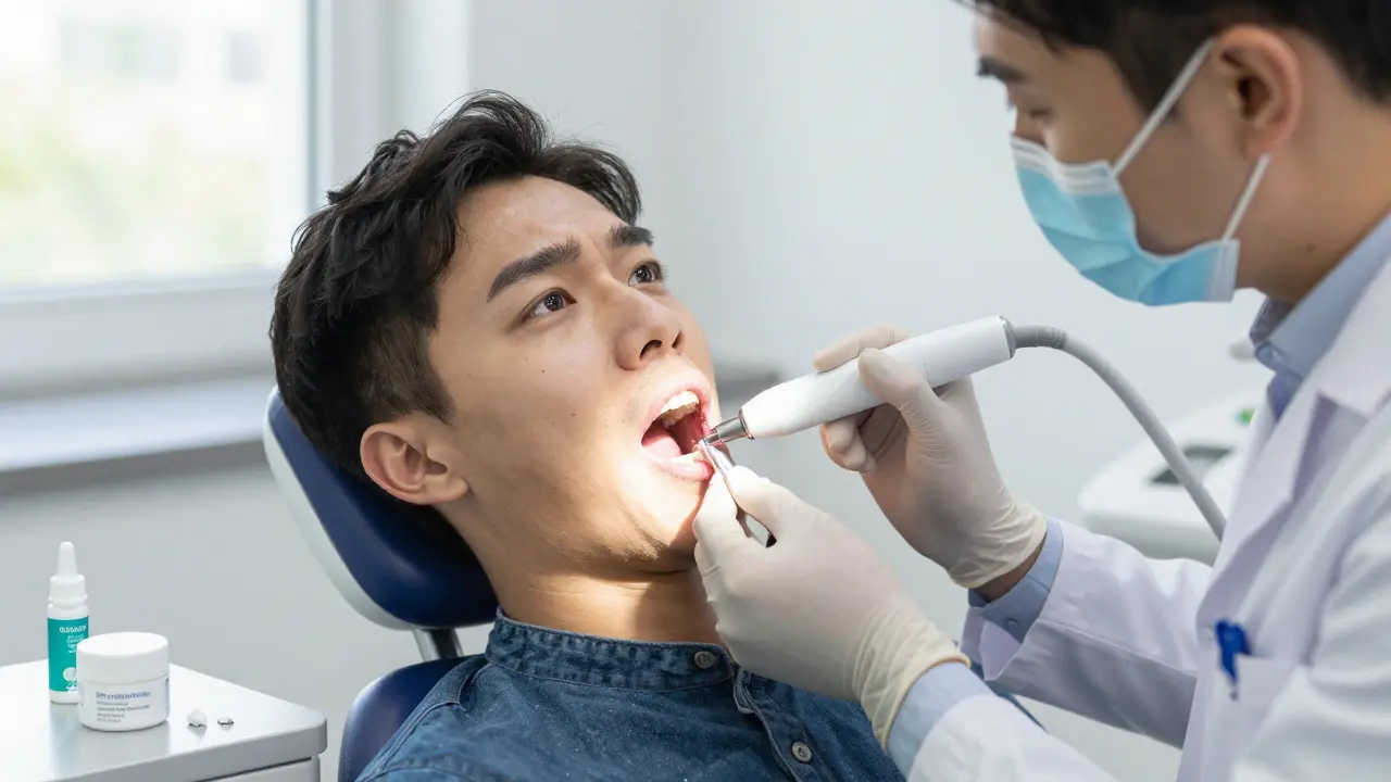 Zubní lékař prohlíží poškozenou sklovinu pomocí digitálního skeneru v klinice.