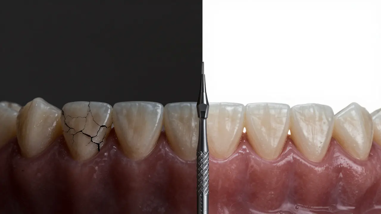 Before and after comparison of damaged teeth versus restored veneered teeth.