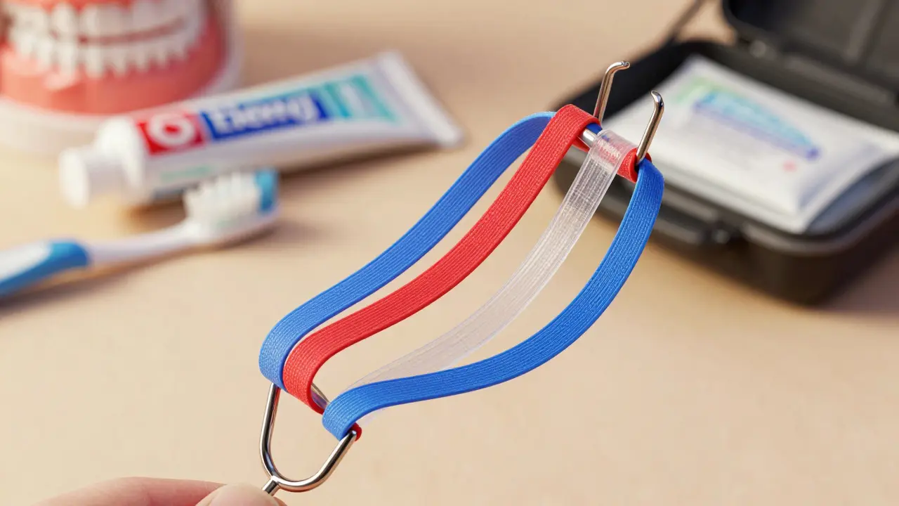 Brace s novými barevnými gumičkami napnutými mezi háčky, doplněné o zubní kartáček a záložní balíček.