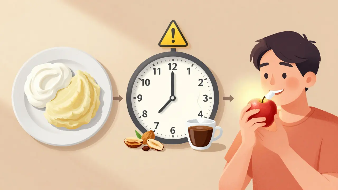 Časová osa potravin po bílé plombě: měkké jídlo, varování před oříšky a kávou, pak opatrné jídlo.