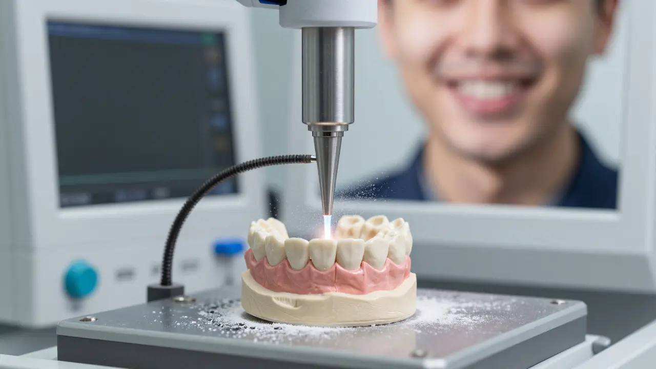 Ceramic crown being 3D-printed in a dental lab with laser scanning technology.