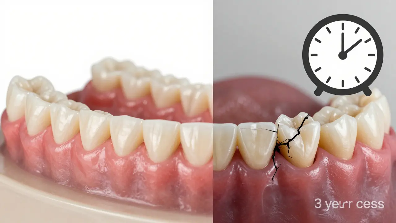 Comparison of long-lasting versus failed dental bridge: healthy smile vs. decayed abutments and cracked prosthesis.