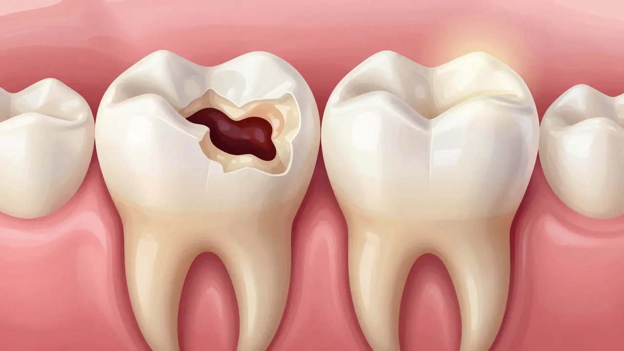 Cross-section of a decayed tooth transformed into a restored tooth with ceramic inlay.