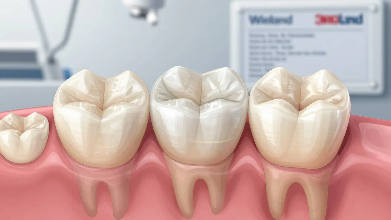 Cross-section of a three-unit zirconia dental bridge showing connected crowns and prepared abutment teeth.